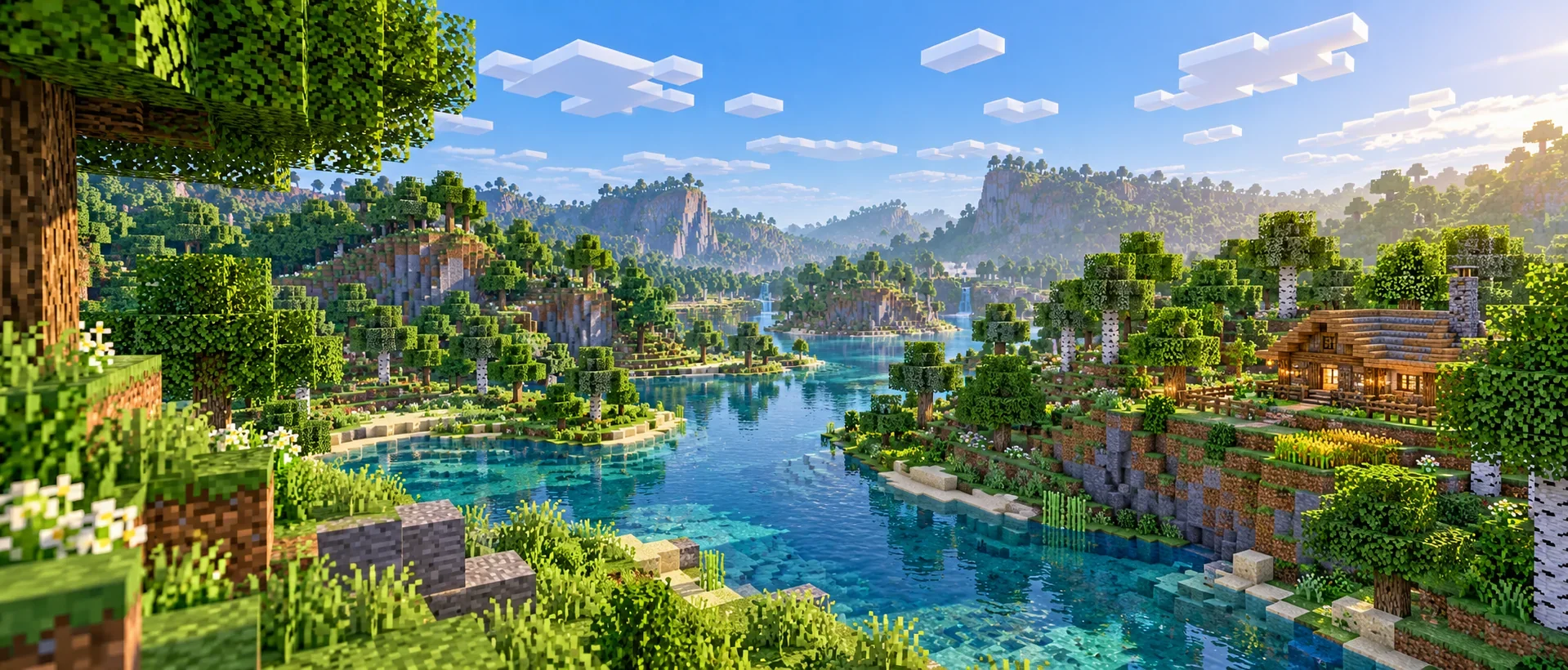 A sunlit Minecraft river winding between leafy forests and grassy banks, with a wooden cottage overlooking the water.